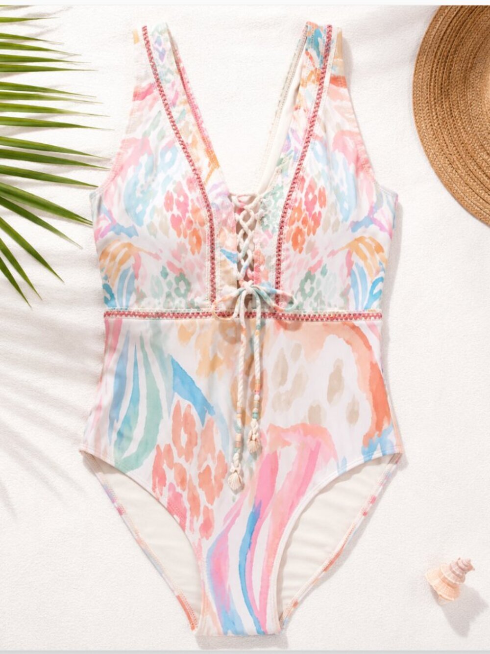 NWT Cosita Linda Sweet Sunset Beaded Plunge One Piece Swimsuit Medium Luxury Res